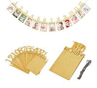1 Unidades 12 piezas Decoraciones de regalo de cumpleaños para niños 1-12 meses Marco de fotos Banner Golden Craft Paper Picture Frame String Garland Pendant