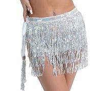 1 vestido con flecos de lentejuelas, falda de lentejuelas para danza del vientre, disfraz de bailarina latina, vestido con falda de flecos Rave, trajes de baile para niñas y salón de baile (plata).