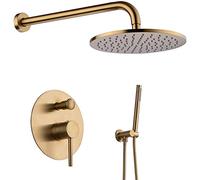 10-12 Inch Brass Round Bathroom Luxury Rain Mixer Combo Set Wall Mounted Rainfall Shower Head System, Brushed Gold Shower Set,Showerheads