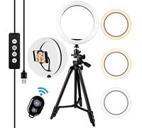 10" Aro de Luz, Ring Light con Tripode Extensible y Soporte Teléfono, Obturador Bluetooth, 3 Colores 10 Brillos, Anillo de luz Circular LED para TIK Tok/Youtube/Maquillaje/Selfi
