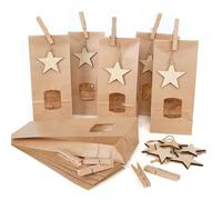 10 bolsas de papel para Navidad, color marrón, tamaño pequeño, 10,5 x 6,5 x 29 cm, con ventana de visión, 10 estrellas de madera natural + 10 grapas embalaje Give-aways alimentaria Navidad