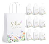 10 bolsas de regalo de agradecimiento, 21 × 15 × 8 cm, bolsas de papel con asa, color blanco, papel de estraza resistente, duradero y para fiestas, bodas, cumpleaños (Schön, dass du da bist)