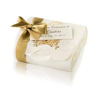 10 Cajitas regalo baúl de cartón color blanco con cáliz 6 x 4,5 x 3,5 cm. sin montaje ni contenido con cinta para el lazo y tarjeta personalizada primera comunión pequeños regalitos