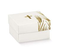 10 Cajitas regalo cuadradas de cartón color blanco con cruz 6 x 6 x 3,5 cm.con tapa sin montaje ni contenido con cinta para el lazo y tarjeta para primera comunión pequeños regalitos