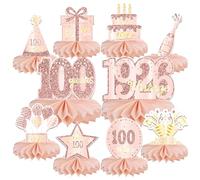 10 centros de mesa de decoración de 100 cumpleaños para decoración de mesa, decoración de mesa vintage de 1925 de panal de abeja de 1925, decoración de fiesta de cumpleaños para mujeres (oro rosa y