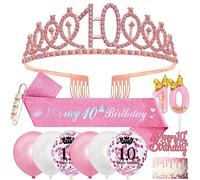 10 Cumpleaños Corona Banda 10 Años Decoración Cumpleaños, Oro Rosa Corona Cumpleaños Sash Globos Velas de 10º Cumpleaños 10 Años Primero de la Torta para 10 Cumpleaños Niña Decoracion 10 Cumpleaños