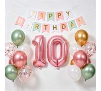 10 cumpleaños decoración niña rosa, banner de cumpleaños número 10 láminas globos metalizados oro blanco verde rosa confeti globos para 10 años decoración de cumpleaños infantil (10.)