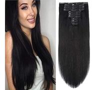 10 extensiones de pelo humano con clip en la cabeza completa, 22 clips, 200 g, color negro azabache (negro profundo), doble costura, pelo humano Remy brasileño, grueso, liso, sedoso, 56 cm