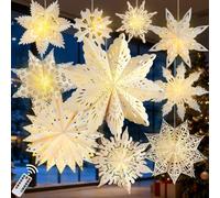 10 faroles de papel de copo de nieve de Navidad con luz LED, linterna grande de papel de Navidad con forma de estrella blanca para colgar en Navidad, vacaciones, boda, fiesta de cumpleaños, decoración
