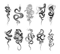 10 Feuilles Tatouage Temporaire Hommes Faux Corps Bras Poitrine épaule Tatouage Imperméables Type de serpent Tattoo Temporaire pour Hommes/Femmes/Filles/Enfants Hallowee (Noir)