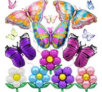 10 Globos de Mariposa y Flor - Papel de Aluminio Colorido para Fiesta Temática, Baby Shower, Primavera y Verano