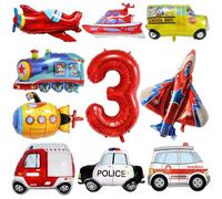 10 globos de transporte, camión, avión, autobús escolar, camión de bomberos, coche de policía, barco, ambulancia, submarino, globos de aluminio, vehículos, 3º cumpleaños, suministros de fiesta