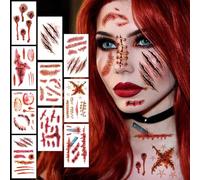 10 hojas cicatrices tatuajes de Halloween, heridas de terror, cara de tatuaje de Halloween, zombi, vampiro, rasguños, sangre, para disfraz de Haloween, mujer, hombre, maquillaje