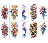 10 Hojas Conjunto De Tatuajes Temporales De Coloridas Flores Y Rosas De Acuarela En El Brazo Pequeño