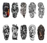 10 hojas de tatuajes temporales impermeables de calavera, hombre, bosque, lobo, león, fuego, hombre, medio brazo, arte tótem(A)