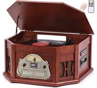 10-in-1 Natural Wood Classic Turntable Stereo System with Bluetooth Connection, Vinyl Record Player, Am/FM, CD, Cassette, USB, SD Slot. 2 Built-in Speakers, Remote Control, MP3 Player