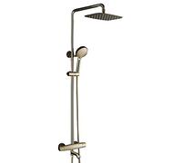 10 Inch Rain Shower System Gold Thermostatic Shower Faucet Set Brass Wall Mounted Shower Combo Set Double Handle Rain Mixer Shower with 3 Mode Handheld Shower, Rectangular Shower Head, Tub F