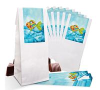 10 Kleine bolsas de papel de pergamino Alfombrilla de 7 x 4 x 20,5 cm + 10 Azul Turquesa arco iris de pescado Schön dass du da bist Pegatinas 5 x 15 cm del paquete de Give Away