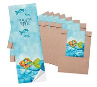 10 Kleine marrón de bolsas de papel 8,5 x 13 cm + 10 Azul Turquesa arco iris de pescado Schön dass du da bist Pegatinas 5 x 15 cm del paquete de Give Away