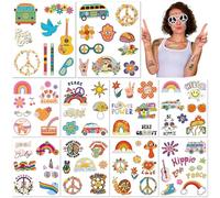 10 Láminas Tatuajes Temporales Hippie Años 70 Impermeables Amor Paz Flower Power Cara Sonriente Arcoíris Calcomanías para Cumpleaños Fiesta de Banda Festival