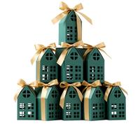 10 Pack Christmas Wonderland Cottage Gift Box, 3D House Shaped Christmas House Gift Boxes for Cookies Candy Treats (Green)