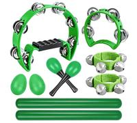 10 panderetas verdes para adultos, pandereta de media luna, palos de ritmo de madera, pandereta de campanas, campanas, campanas, agitador de huevos, un par de maracas, juego de instrumentos de