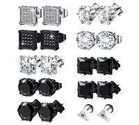 10 Pares Mens Square Diamond Stud Earrings Plata Negro Cubic Zirconia Boys Earrings Square Mens Stud Earrings para Hombres Mujeres Niñas 8MM
