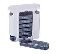 10 pastilleros semanales 4 tomas, Blanco Azul, Caja pastillas 7 días, Inglés