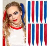 10 PCS Hair Extensions Clip in, 22 Inch Colored Hair Extensions Party Highlights Long Straight Synthetic Hairpieces for Women Cosplay (5PCS Chinese Red+5PCS Treasure Blue)