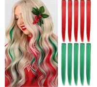 10 PCS Hair Extensions Clip in, 22 Inch Colored Hair Extensions Party Highlights Long Straight Synthetic Hairpieces for Women Cosplay (5PCS green+5PCS red)