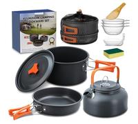10 Pcs Kit de Utensilios Cocina Camping, Olla Sartén Tetera Vajilla para Acampada, Juego de Cocina de Aluminio para Acampar 2-3 Personas, Camping, Outdoor, Picnic, Senderismo