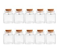 10 Pcs Mini Botellas de Cristal Cuadrado, 50ml Botes Cristal Pequeños, Frascos de Vidrio con Tapon Corcho, Tarros de Miel Transparente, Herméticos Botes para Especias Regalitos Fiesta Mermelada