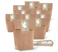 10 petites Marron Croix Sac à fond (14 x 22 x 5,6 cm) + 10 sacs cadeaux emballage Noël Noël - ange autocollants Joyeux Marron Beige étoiles blanches (5 x 15 cm)