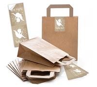 10 petites poches marron Sacs Papier avec fond (18 x 8 x 22 cm) + 10 sacs cadeaux emballage Noël Noël - ange autocollants Joyeux Marron Beige étoiles blanches (5 x 15 cm)
