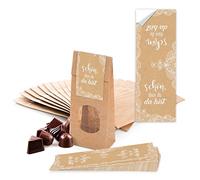 10 petits sacs en papier Marron avec fenêtre et pergamine Talonnette 7 x 4 x 20,5 cm + 10 schön dass du da bist Motif 5 x 15 cm Emballage Beige crème et couleurs Dentelle Vintage