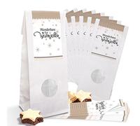 10 petits sacs motifs Noël papier blanc pour pâtisseries avec fenêtre et fond de parchemin (7 x 4 x 21,5 cm) + 10 Beige Shabby Noël Blanc sur adhésif (5 x 15 cm) magnifiques Noël
