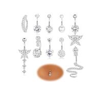 10 piercings para ombligo, de acero inoxidable con diamantes de imitación de cristal, joyería colgante para ombligo para mujer, diseño de mariposa de corazón rosa y azul, hipoalergénico, 14 G