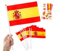 10 Piezas Banderas Pequeñas de España con Palo & 2 Tatuajes, Mini Bandiera española de Mano con Varilla para Mundial Fútbol 2026 Fiesta Nacional Olimpiadas Desfile Decoración Adornos Fiesta