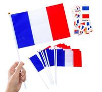 10 Piezas Banderas Pequeñas de Francia con Palo & 2 Tatuajes, Mini Bandiera francesa de Mano con Varilla para Mundial Fútbol 2026 14 de Julio Fiesta Nacional Olimpiadas Desfile Decoración