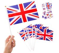 10 Piezas Banderas Pequeñas de Gran Bretaña con Palo & 2 Tatuajes, Mini Bandiera británica de Mano con Varilla para Mundial Fútbol 2026 Trooping the Colour Olimpiadas Desfile Decoración