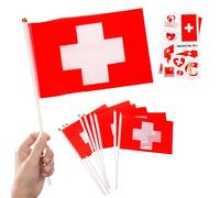 10 Piezas Banderas Pequeñas de Suiza con Palo & 2 Tatuajes, Mini Bandiera suiza de Mano con Varilla para Mundial Fútbol 2026 Fiesta Nacional Olimpiadas Desfile Decoración Adornos Fiesta
