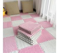 10 piezas de alfombras de juego de espuma de felpa, cuadradas, de pelo largo, alfombra de rompecabezas para sala de juegos, 30 x 30 x 1 cm, Rosa y Blanco