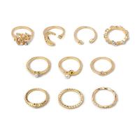 10 piezas de oro estrella anillo conjunto apilamiento nudillo anillos para las mujeres aleación abierto manguito conjunto withpearl y cristal