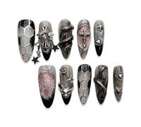 10 piezas de uñas puras hechas a mano, falsas góticas oscuras reutilizables con dijes metal rosa negra en 3D, kit herramientas manicura DIY, largas almendra(003,Long Ladder(S))