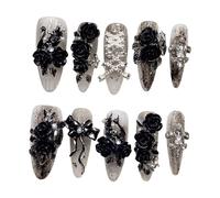 10 piezas de uñas puras hechas a mano, falsas góticas oscuras reutilizables con dijes metal rosa negra en 3D, kit herramientas manicura DIY, largas almendra(002,Long Ladder(XS))