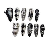10 piezas de uñas puras hechas a mano, falsas góticas oscuras reutilizables con dijes metal rosa negra en 3D, kit herramientas manicura DIY, largas almendra(001,Long Ladder(XS))