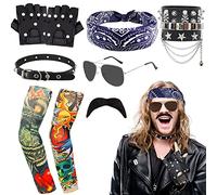 10 Piezas Disfraces de Rock Accesorios, Punk Gótico Costume Kit con Bandana Mangas de Tatuaje Guantes Pulsera Gafas Bigote Gargantilla Anillos para Hombre Mujer 70 80 90 Carnaval Party
