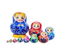 ＡＷＨＡＯ 10 Piezas Matrioska Set de Muñecas Apilables Juguete de Madera Folk Hecho a Mano Pintura Creativa Adecuado para Regalo y Decoración, Azul