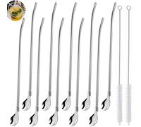 10 Piezas Pajitas De Acero Inoxidable Cuchara De Paja Pajitas Reutilizable Cucharas 2 En 1 Cuchara Pajitas De Metal con 2 Cepillo De Limpieza Adecuado para CóCteles Café Latte Macchiato Leche