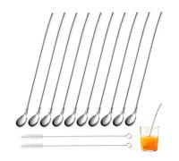 10 Piezas Pajitas de Metal con Cuchara, Pajitas Reutilizables de Acero Inoxidable 304 con Cepillo de Limpieza Largo para Bebidas, Batidos, Cócteles y Sundaes (Plateado)